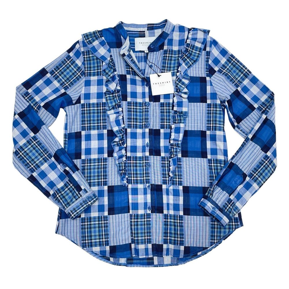 Rochelle Behrens The Shirt Size Small Blue Plaid‎ Button Front Patchwork Ruffle